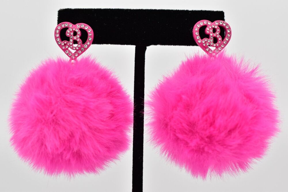 Barbie Puff Ball Earrings Hot Pink Rhinestone Crystal Fuzzy Faux Fur BinW